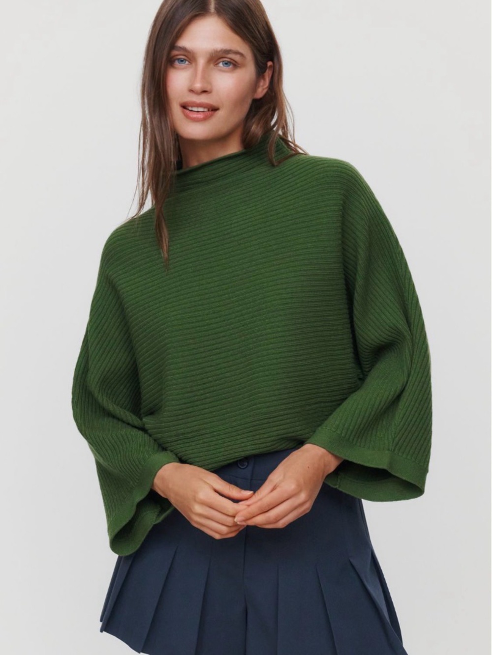 Anthropologie Olive Ribbed Mock-Neck wide sleeves Sweater M fall winter boho